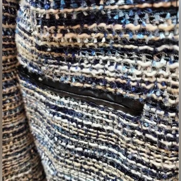 Alfred Dunner Tweed Metallic Blue Jacket Open Front Faux Vegan Leather Size 12 - Picture 5 of 12